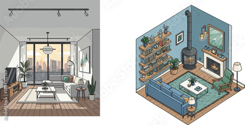 Living room icons, modern and cozy interior illustrations, city and fireplace scenes, home decor visuals, furniture and ambiance design
