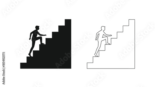 A person ascending stairs depicted in both solid black and outline styles