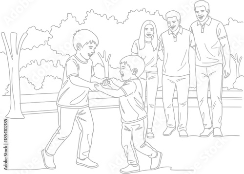 family watching two boys playing tug of war outdoors in park with trees