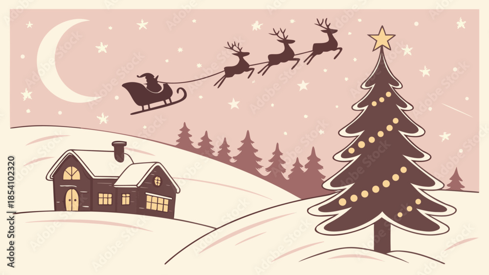Naklejka premium Magic Christmas eve. Santa claus delivers gifts on christmas eve with flying reindeer against a starry night sky. Santa with reindeers flying in sky.