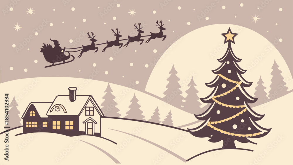 Obraz premium Magic Christmas eve. Santa claus delivers gifts on christmas eve with flying reindeer against a starry night sky. Santa with reindeers flying in sky.