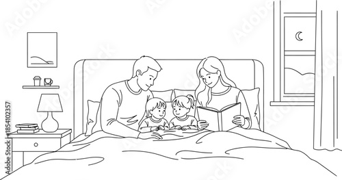 family reading books together in bed at night in a cozy bedroom with a window