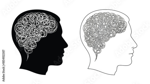 Human head silhouettes with intricate brain like doodle patterns inside