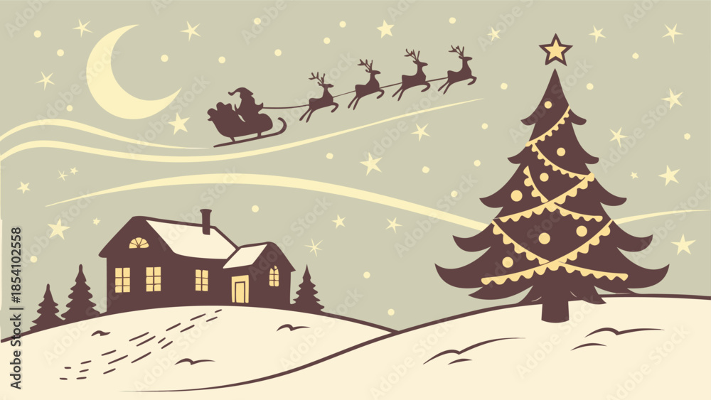 Fototapeta premium Magic Christmas eve. Santa claus delivers gifts on christmas eve with flying reindeer against a starry night sky. Santa with reindeers flying in sky.