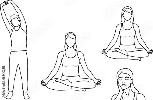 line drawing of people doing yoga poses isolated on white background
