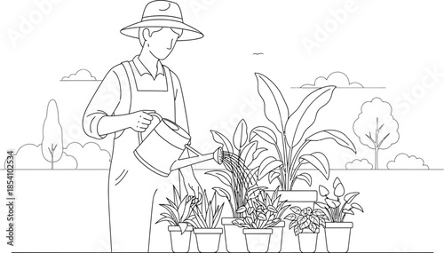 man in hat and apron watering potted plants with a watering can in a garden