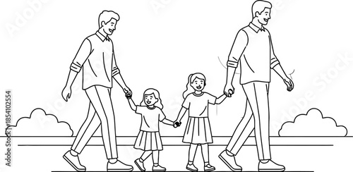 Two men walking with two young girls hand in hand outdoors in a line drawing