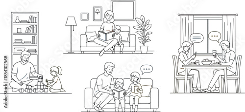 family spending quality time together at home with children playing and reading