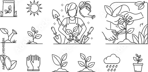 Gardening icons with people planting and tending to plants and seedlings with gardening tools and hands  nurturing growth