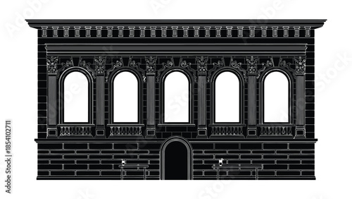 Elegant black and white architectural facade with arched windows and detailed ornamentation
