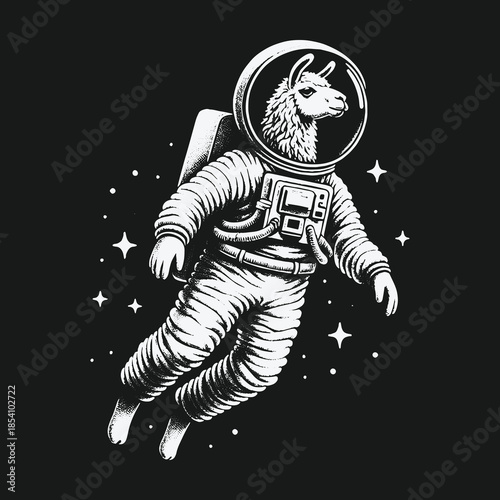 Funny Llama Astronaut Floating in Outer Space Illustration.