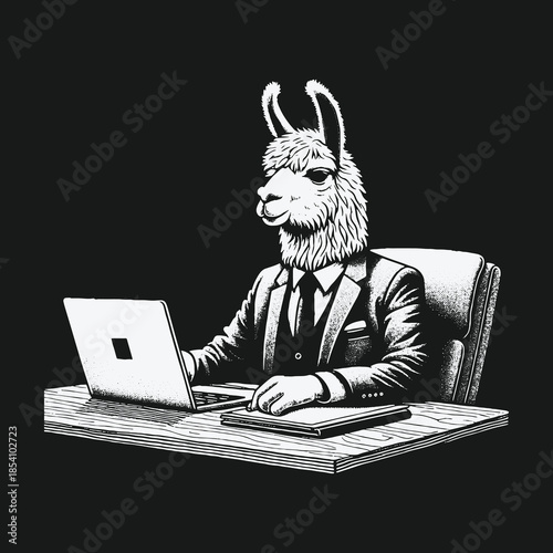 Anthropomorphic llama in a business suit working on a laptop at an office desk.