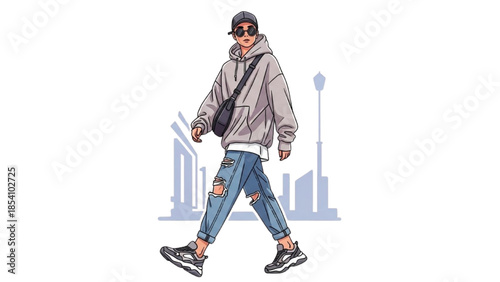 Young man walking alone in urban cityscape environment illustration