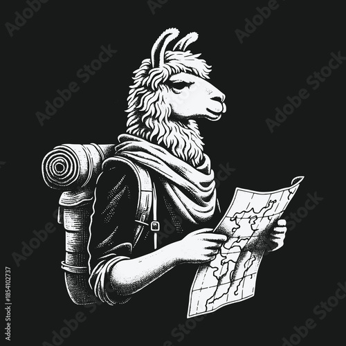 Adventurous llama traveler with backpack studying a map.