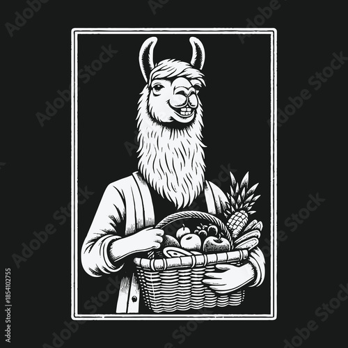Quirky Linocut Style Llama Farmer Holding a Harvest Basket.