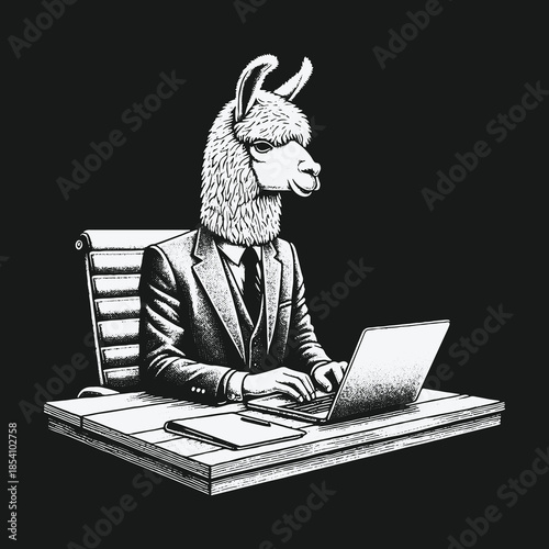 Humorous Black and White Illustration of a Llama Businessman at Work.
