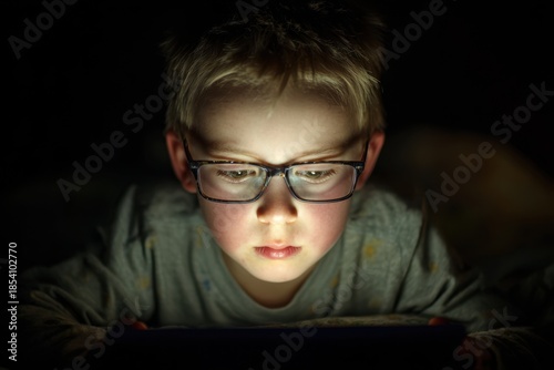 Focused Child with Glasses Illuminated by Tablet Light in Dark Room.