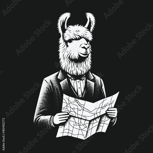 Well dressed anthropomorphic llama planning a journey with a map.