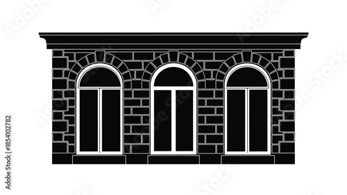 Black and white illustration of a brick building with three arched windows