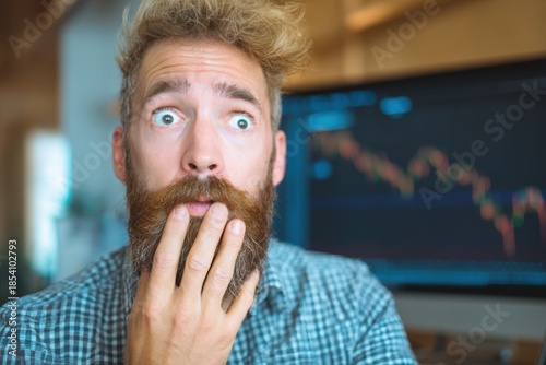 Surprised Bearded Man Reacting to Stock Market Crash on Computer Screen.