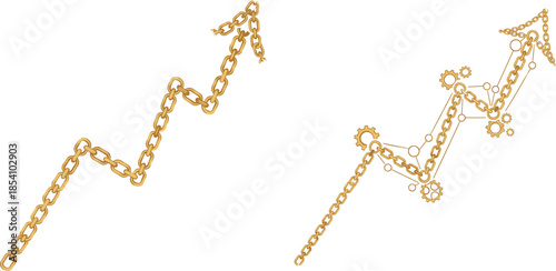 Mechanical arrows made of chains and gears, financial growth concept, industrial progress, investment rise, tech-driven economy, upward motion metaphor
