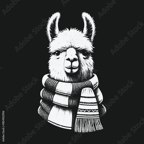 Black and white illustration of a cute llama wearing a warm winter scarf.