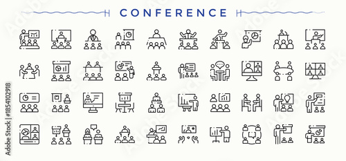 Conference icon set. Outline icons in linear style. Presentation icon set. Contain linear sign people, training, work, seminar, meet, group, team and more.
