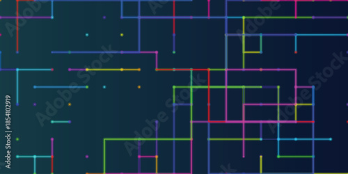 Digital Network Abstract Background with Glowing Neon Lines and Connected Nodes