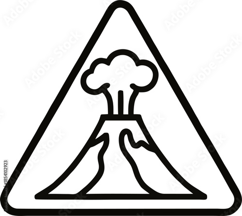 Volcanic Eruption Warning Outline Icon – Black Triangle Hazard Sign with Simple Erupting Volcano and Smoke, Minimal Line Art Symbol Isolated