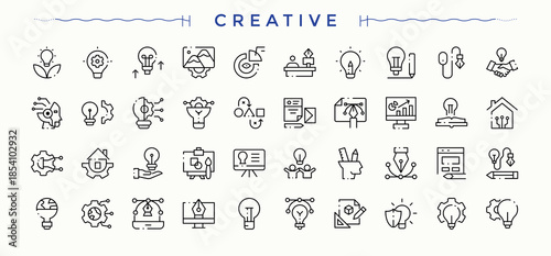 Creative icon set in linear style. Creative icon set. Line symbol and sign. Includes symbols for idea, designer, painting, art, graphic, artwork and more. Editable stroke.