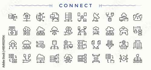 Connect icon set. Connect icon collection. Thin line icons set. Pack of datum, net, network, cyber and more. Editable vector stroke.