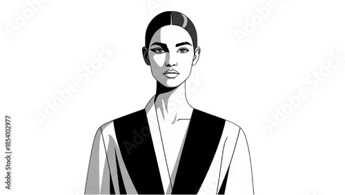 Elegant woman in black and white illustration standing confidently against a plain white background