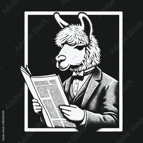 A sophisticated anthropomorphic llama dressed in a formal suit reading a newspaper.