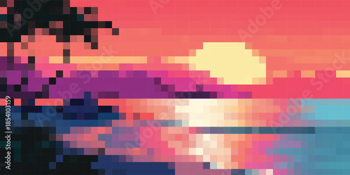 Pixelated Sunset Over Tropical Ocean with Palm Tree Silhouette.