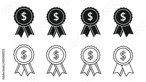 Four rows of black and white dollar sign award ribbons displayed on a white background