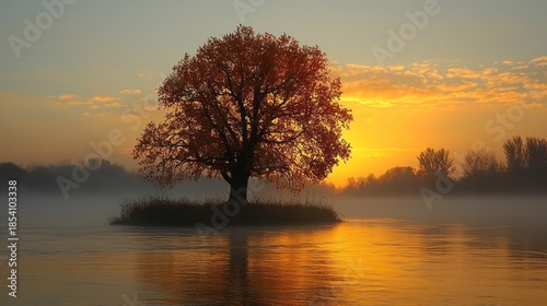 Solitary Tree Silhouette at Sunrise: Golden Reflections on Serene Lake