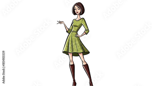 A confident woman in a green dress and brown boots standing with one hand on hip and the other gesturing outward, illustration, studio background, full-body view