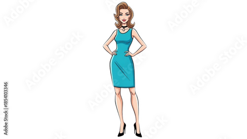 A confident woman standing with her hands on her hips wearing a blue dress and black heels against a white background