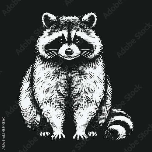 A striking black and white illustration of a cute raccoon sitting upright on a dark background.