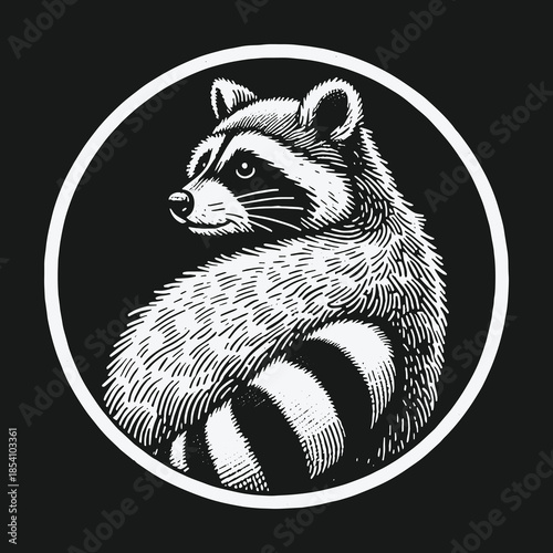 Vintage engraved style raccoon portrait in a circular frame.