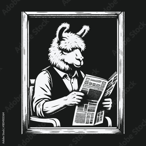 A sophisticated anthropomorphic llama reading the morning newspaper.
