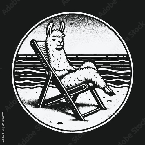 Funny Llama Relaxing on a Beach Chair by the Ocean Illustration.