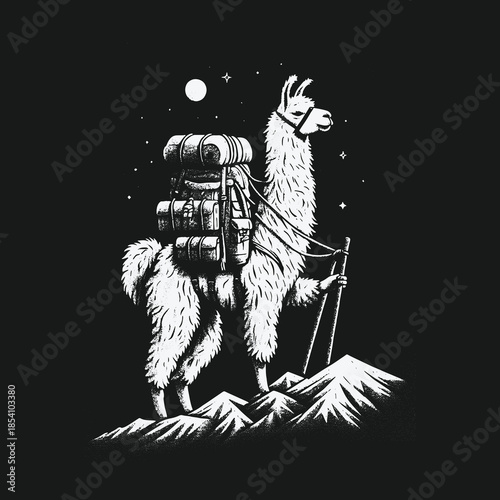 Adventurous hiking llama with backpack on a mountain peak at night.