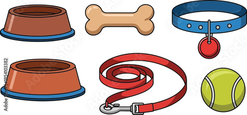 Flat vector style set of 5 pet accessories dog bowl bone collar with tag leash and tennis ball