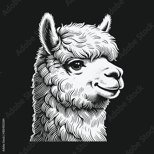 Vintage Engraved Alpaca Head Illustration Black and White.