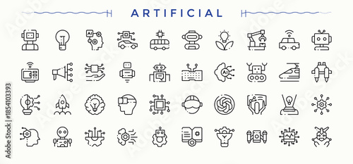 Artificial icon pack. Minimal linear icons. Robot icon set in linear style. Contain linear sign machine, automation, tech, technology, bot and more.