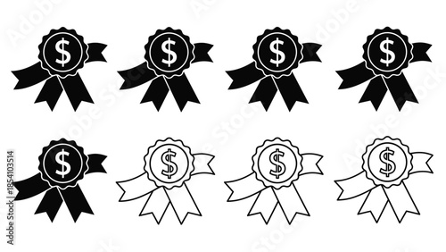 Black and white illustration of several award ribbons with dollar signs