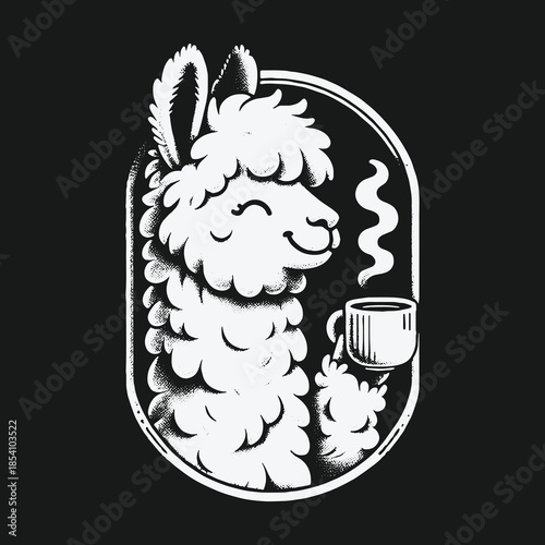 Happy fluffy llama enjoying a hot cup of coffee.