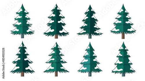 Flat lay of six green pine trees in various shades on white background.