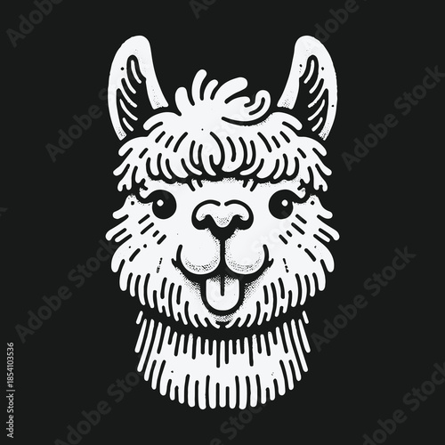 Cute funny llama head cartoon illustration black and white.